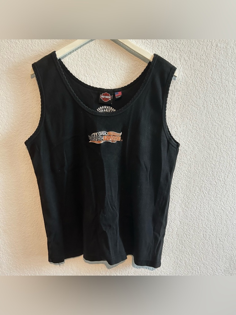 Women’s Vintage Harley Davidson Tank Top 2XL USA Made Black Cotton Northwoods MI